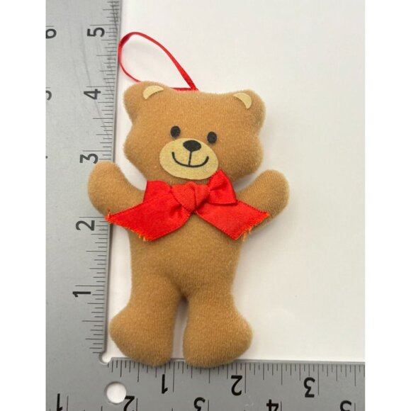 Soft Brown Teddy Bear Christmas Tree Ornament Standing Smiling with Red Bow - Picture 3 of 6